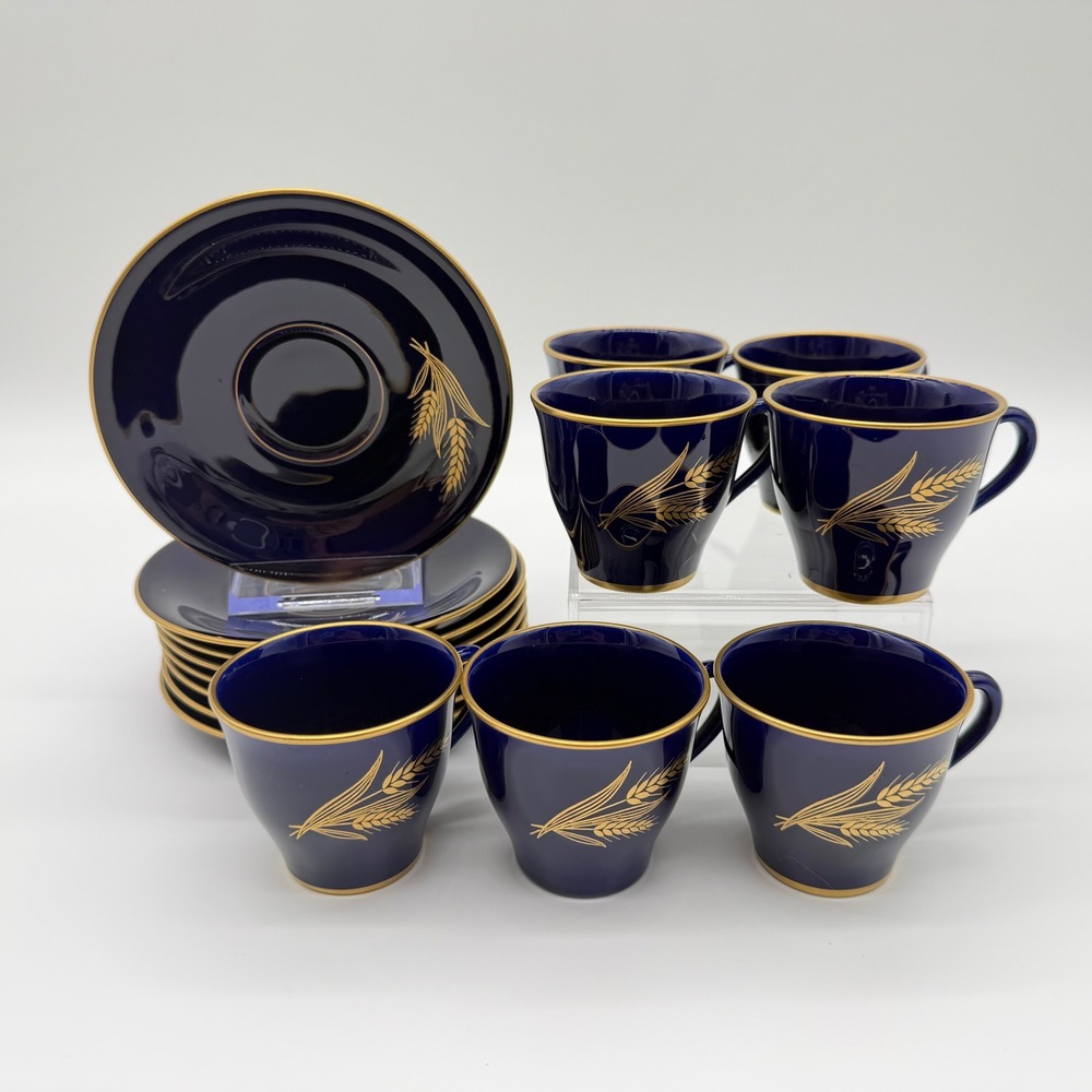 Lenox Rare 1940s Cobalt Blue Wheat Gold Trim Demitasse Cup and Saucer Set of 7